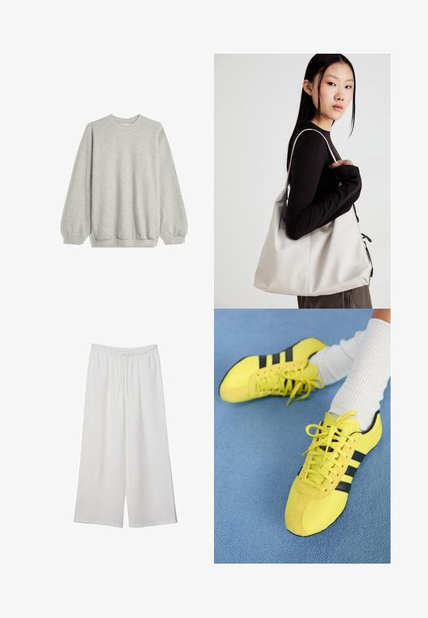 Šedá mikina vyrobená z měkké látky, s kulatým výstřihem, dlouhými rukávy s elastickými manžetami a volným střihem. Bez vzorů nebo akcentů.; Bílé kalhoty s širokými nohavicemi vyrobené z lehké tkaniny, s elastickým pasem a stahovací šňůrkou pro nastavitelnou velikost. Hladká textura.; Jasně žluté sportovní boty s černými pruhy a šňůrkami; mají strukturovaný svršek a semišové akcenty. Nosené s bílými žebrovanými ponožkami.; Beige kabelka vyrobená z měkkého materiálu, s volným designem, prošívanými detaily a dvěma ramenními popruhy. Vhodná pro každodenní použití.