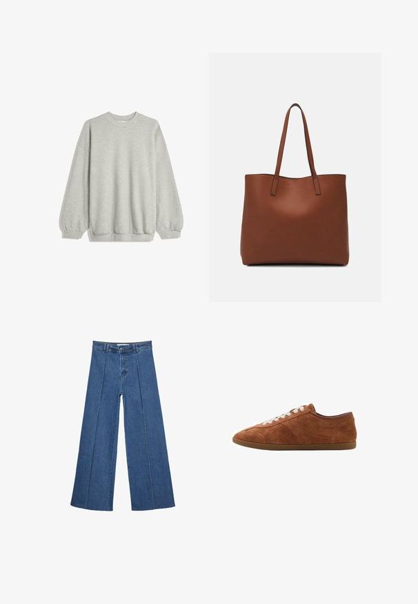 Siva dukserica izrađena od mekog materijala, s okruglim izrezom, dugim rukavima s elastičnim manžetama i opuštenim krojem. Nema uzoraka ni naglasaka.; Široke traperice u srednje plavoj boji, s visokim strukom, zatvaranjem na dugme i kontrastnim vertikalnim šavovima duž prednje strane.; Smeškanje smeđih svjetlucavih tenisica s bijelim vezicama, okruglim vrhom i teksturiranim naglascima. Imaju nisku profil i gumeni potplat s glatkom završnom obradom.; Smeđa kožna torba preko ramena s glatkom teksturom, otvorenim vrhom i dvjema naramenicama. Ima minimalne šavove i nema vidljivog hardvera.