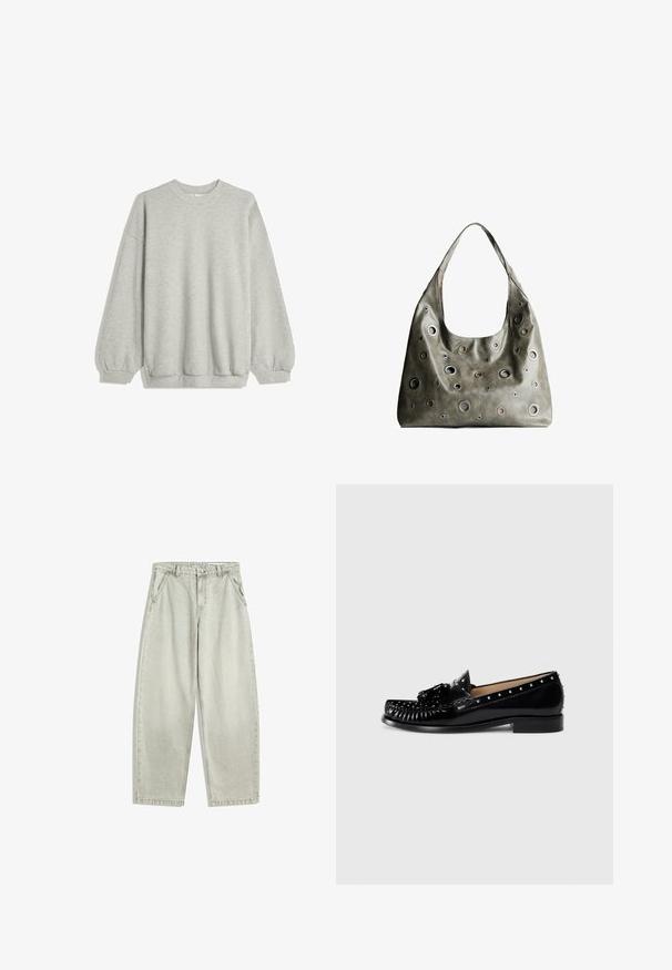 Siv sweatshirt iz mehkega blaga, z okroglim izrezom, dolgimi rokavi z elastičnimi manšetami in sproščenim krojem. Brez vzorcev ali dodatkov.; Svetlo sivi traper hlače visoko nenosljivo pasom, z gumbom in zadrgo na sprednji strani, s poševnimi stranskimi žepi in širokimi ravnimi nogami.; Črne usnjene loafers čevlje z dekorativnim šivom, kovinskimi zakovicami ob zgornjem delu, nizko peto in teksturno pentljo na sprednji strani.; Olivnozeleni usnjeni ročni torbici z ohlapno obliko, ki ima različne velikosti okroglih izrezov in poudarke v temnejših in svetlejših odtenkih.