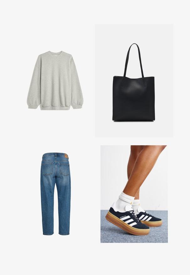 Siva dukserica izrađena od mekog materijala, s okruglim izrezom, dugim rukavima s elastičnim manžetama i opuštenim krojem. Nema uzoraka ni naglasaka.; Plave traperice s ravnim krojem, dva stražnja džepa i mali smeđi kožni etiketa na pojasu.; Crne tenisice od brušene kože s bijelim prugama i detaljima, okruglim vrhom, gumeni potplat boje gume, uparene s bijelim rebrastim čarapama.; Crna kožna torba za nošenje s glatkom teksturom, pravokutnim oblikom i dvije duge ručke. Nema vidljivih metalnih dijelova ili ukrasa.