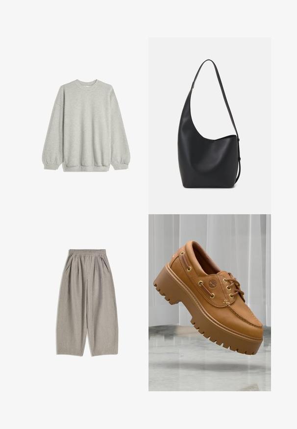 Hanorac gri dintr-un material moale, având guler rotund, mâneci lungi cu manșete elastice și o croială lejeră. Fără modele sau accente.; Pantaloni gri cu picioare largi, dintr-un material moale, având un talie elastică și două buzunare laterale, cu un design curat, minimalist.; Pantofi platform din piele tan, cu talpă groasă și texturată, cu gauri aurii și un design simplu, cusut. Prezintă un mic logo pe partea laterală.; Geantă hobo din piele neagră, cu o textură netedă, formă curbată și un singur bretele ajustabil; are o deschidere largă în partea de sus.