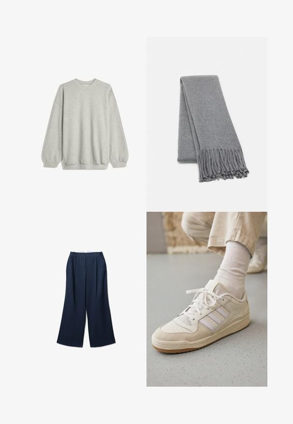 Sweatshirt gris en tissu doux, avec un col rond, des manches longues à poignets élastiques et une coupe décontractée. Pas de motifs ni d'accents.; Pantalons larges bleu marine en tissu léger, avec des rayures blanches verticales, des plis et une fermeture éclair au dos.; Baskets blanches avec un dessus en daim et en cuir, bout perforé, trois bandes gris clair, lacets plats et une semelle en caoutchouc texturé.; Écharpe en laine grise avec une texture douce, dotée de bords frangés et d'un design simple. Pliée soigneusement, mettant en valeur sa forme allongée.