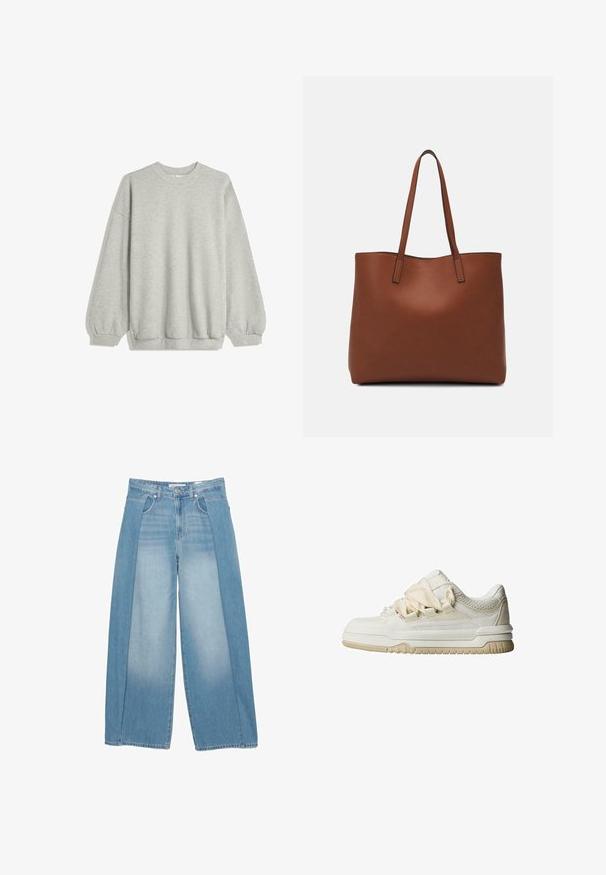 Siva dukserica izrađena od mekog materijala, s okruglim izrezom, dugim rukavima s elastičnim manžetama i opuštenim krojem. Nema uzoraka ni naglasaka.; Široke traperice u svijetloplavoj boji s jedinstvenim dizajnom koji uključuje dva teksturirana panela. Stil s pet džepova s dugmetom.; Niske tenisice u boji izblijedjele bijele, od kože s mrežastim detaljima, s debelim vezicama, jastučićastim đonom i teksturiranim detaljima na gornjem dijelu.; Smeđa kožna torba preko ramena s glatkom teksturom, otvorenim vrhom i dvjema naramenicama. Ima minimalne šavove i nema vidljivog hardvera.