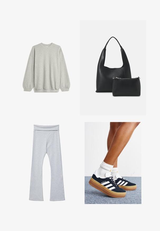 Sweatshirt gris en tissu doux, avec un col rond, des manches longues à poignets élastiques et une coupe décontractée. Pas de motifs ni d'accents.; Leggings grises évasés avec une large ceinture douce, fabriquées dans un tissu lisse et extensible. Présentent une coupe ajustée et une longueur cheville.; Baskets en daim noir avec des rayures et des accents blancs, bout arrondi, semelle extérieure en caoutchouc gomme, associées à des chaussettes blanches côtelées mi-mollet.; Even&Odd Sac à main - black