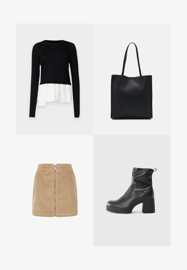 Top negro de manga larga con un dobladillo rizado blanco en contraste, cuello redondo y textura suave. Diseñado con un corte relajado.; Minifalda de pana en beige, con textura de estrías verticales, cintura alta y cierre de cremallera en el frente. Diseño simple con líneas limpias.; Botines negros de tobillo, hechos de cuero suave, con cierre lateral, tacón grueso texturizado y diseño de punta redondeada.; Bolso tote de cuero negro con textura lisa, forma rectangular y dos asas largas. Sin herrajes ni adornos visibles.