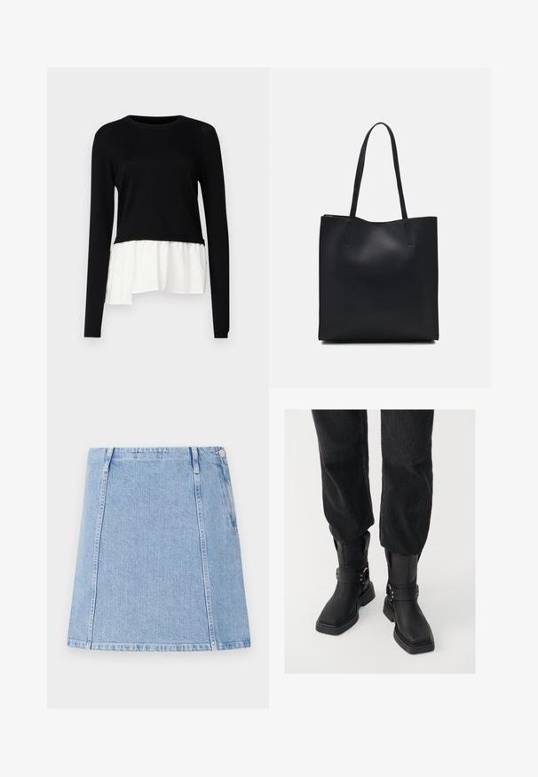 Svart långärmad topp med en kontrasterande vit volangkant, rund halsringning och mjuk textur. Designad med en avslappnad passform.; Ljusblå denimkjol med rak skärning, synliga sömnadsdetaljer och en sidoficka. Materialet är texturerat med en mjuk yta.; Svarta läderankelstövlar med fyrkantig tå, som har ett brett rem och metallspänne som detalj. Stövlarna har en kraftig sula och en slät textur.; Svart lädertoffelväska med slät textur, rektangulär form och två långa handtag. Ingen synlig hårdvara eller dekorationer.
