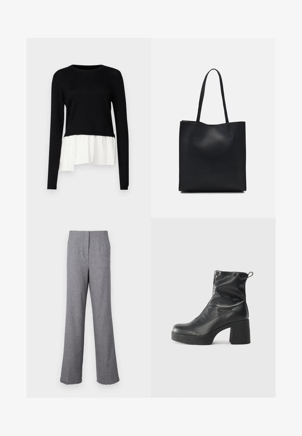 Black long-sleeve top featuring a contrasting white ruffled hem, round neckline, and soft texture. Designed with a relaxed fit.; Gray high-waisted trousers made of woven fabric, featuring a wide leg, front pleats, and raw hem detailing.; Black ankle boots made of smooth leather, featuring a side zipper, chunky textured heel, and rounded toe design.; Black leather tote bag with smooth texture, rectangular shape, and two long handles. No visible hardware or embellishments.
