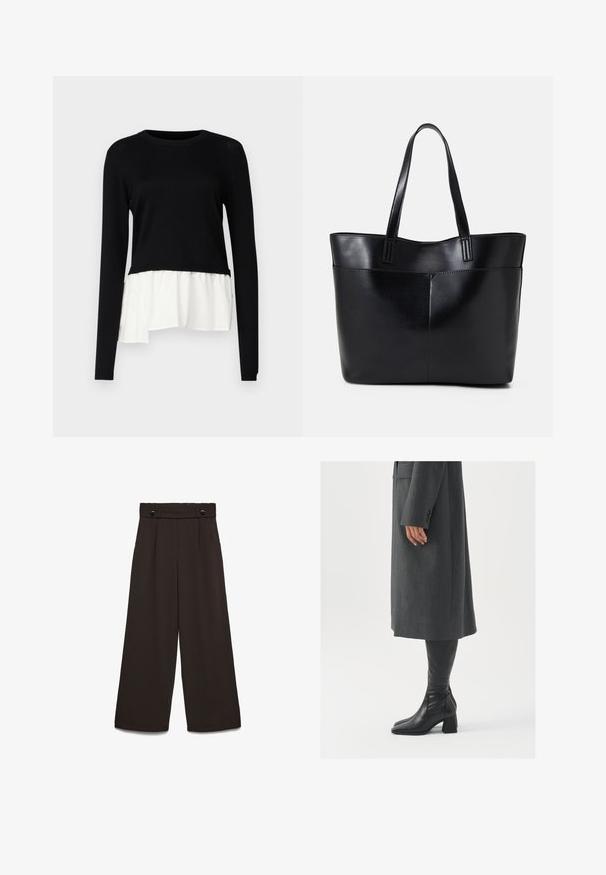 Zwart langemouwtop met een contrasterende witte ruffles aan de onderkant, ronde halslijn en zachte textuur. Ontworpen met een relaxte pasvorm.; Wijde broekspijpen van donkerbruine stof, met een hoge tailleband, twee steekzakken aan de voorkant en twee knopen aan de voorkant als sluiting. Gladde textuur.; Grijze, op maat gemaakte overjas met een rechte snit; gecombineerd met kniehoge zwarte leren laarzen met een vierkante neus en chunkyerand.; Zwarte leren tote bag met twee lange handvatten, een zachte textuur en een gestructureerde vorm. Voorzien van een voorvak voor extra opslagruimte.