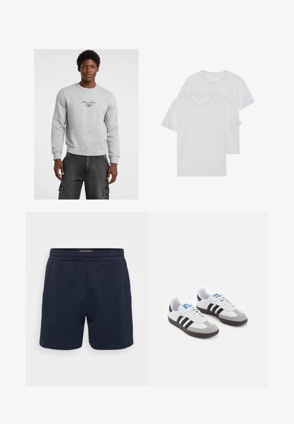 Sweatshirt gri cu guler rotund, manșete și tiv din material elastic. Prezintă logo-ul și emblema "Guess Jeans" în negru pe piept. Purtați cu pantaloni cargo negri.; Două tricouri albe din bumbac, cu guler rotund, mâneci scurte și o textură moale. Ambele au o culoare solidă și nu prezintă modele sau accesorii vizibile.; Shorts din bumbac de culoare bleumarin, cu talie elastică, având o textură netedă și margini cusute. Logo mic al brandului pe lateral.; Încălțăminte sport cu un superior din piele albă, vârf din suede gri și trei dungi negre. Prezintă un logo albastru pe limbă și o talpă din cauciuc texturat.