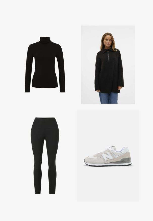 Czarny sweter z mieszanki wełny z zamkiem błyskawicznym przy kołnierzu typu mock, luźny krój, żebrowana tekstura i długie rękawy, w zestawie z niebieskimi dżinsami.; Czarny golf z długim rękawem o dopasowanym kroju, wykonany z miękkiej, elastycznej tkaniny. Gładka faktura i minimalne detale.; Czarne legginsy z wysokim stanem. Wykonane z elastycznego materiału, o gładkiej fakturze i dopasowanym kroju bez widocznych szwów.; Jasno beżowe sneakersy z mieszanką zamszu i siateczki. Projekt zawiera wyraźne białe logo oraz szare akcenty. Gumowa podeszwa.