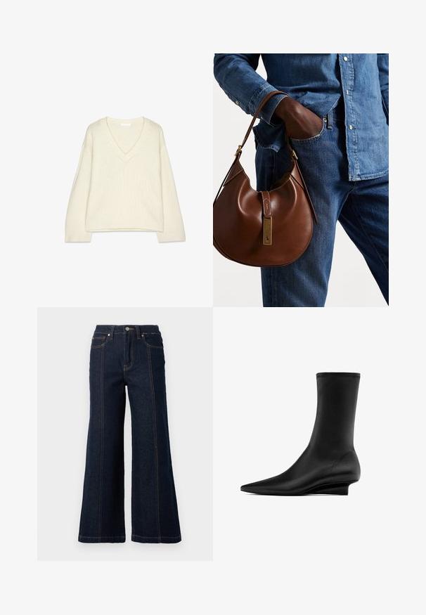 Maglione a V con maniche lunghe in punto crema, caratterizzato da polsini e orlo a coste, con una vestibilità rilassata e leggermente cropped.; Camicia bianca a maniche lunghe con colletto classico, realizzata in tessuto leggero, con chiusura a bottoni e vestibilità leggermente ampia.; Jeans a gamba larga in denim scuro. Presentano una vita alta, due tasche davanti e cuciture arancioni a contrasto lungo le cuciture.; Stivale nero alla caviglia con una silhouette elegante e aderente. Realizzato in materiale liscio, presenta una punta affilata e un tacco a trapezio basso.; Borsa hobo in pelle marrone con una forma arrotondata, dotata di dettagli in hardware dorato e cuciture a contrasto. Abbinata a una camicia di jeans e a un paio di jeans.