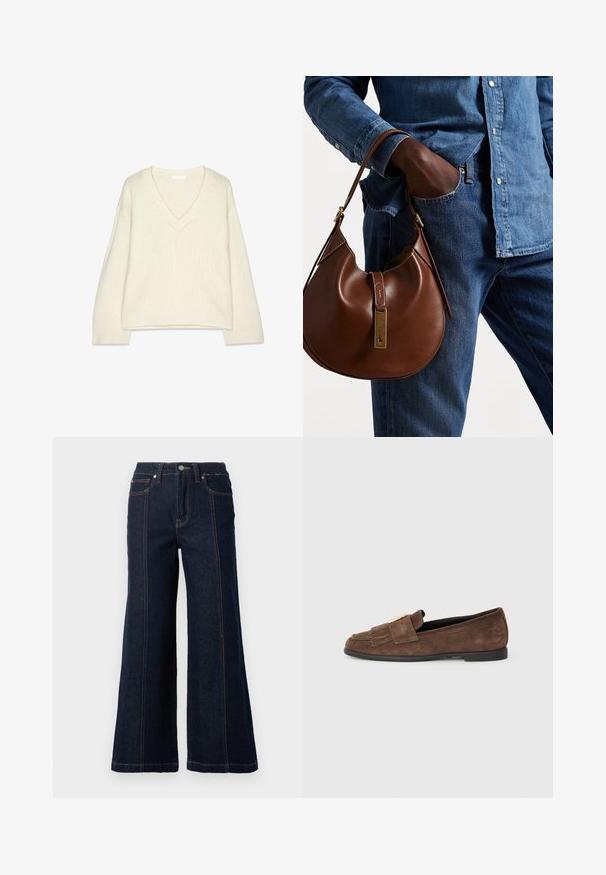 Pulover z V-izrezom in dolgimi rokavi v kremni pletenini, ki ima rebraste manšete in spodnji rob ter sproščen, rahlo skrajšan kroj.; Bela srajca z dolgimi rokavi in klasičnim ovratnikom, izdelana iz lahkotnega materiala, s sprednjim gumbom in rahlo sproščenim krojem.; Široke jeans hlače v temnem denimu. Imajo visok pas, dva sprednja žepa in kontrastno oranžno šivanje ob šivih.; Rjave nubuk loafers z gladko teksturo, opremljeni z trakcem z zlatim akcentom in subtilnim frufrum na prstih. Ravna podplat.; Rjava usnjena hobo torba zaobljene oblike, ki vsebuje zlatokovinske dodatke in kontrastno šivanje. V kombinaciji z denim srajco in kavbojkami.