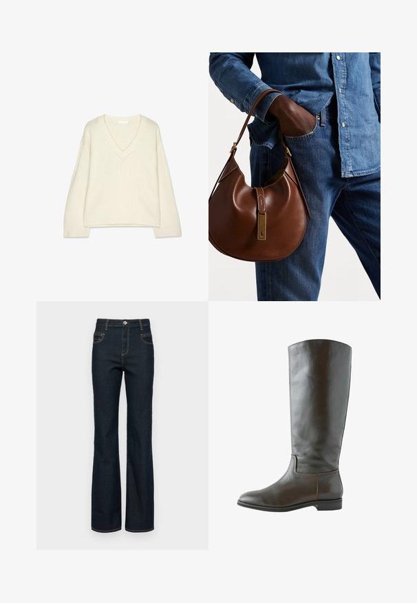 Sveter s výstrihom do V a dlhými rukávmi v krémovej pletenine, s rebrovanými manžetami a spodným lemom, v uvoľnenom, mierne skrátenom strihu.; Biela košeľa s dlhými rukávmi a klasickým golierom, vyrobená z ľahkej látky, so zapínaním na gombíky a mierne voľným strihom.; Tmavé deniminové zvonové džínsy s vysokým pásom, s predným zapínaním na gombíky, piatimi vreckami a kontrastným žltým prešívaním pozdĺž švov.; Hnedé kožené čižmy po kolená s hladkou textúrou, okrúhlou špičkou a minimálnymi detailmi šitia. Podrážka je plochá s nízkym opätkom.; Hnedá kožená hobo taška s okrúhlym tvarom, so zlatými kovovými akcentmi a kontrastným prešívaním. V kombinácii s džínsovou košeľou a džínsami.