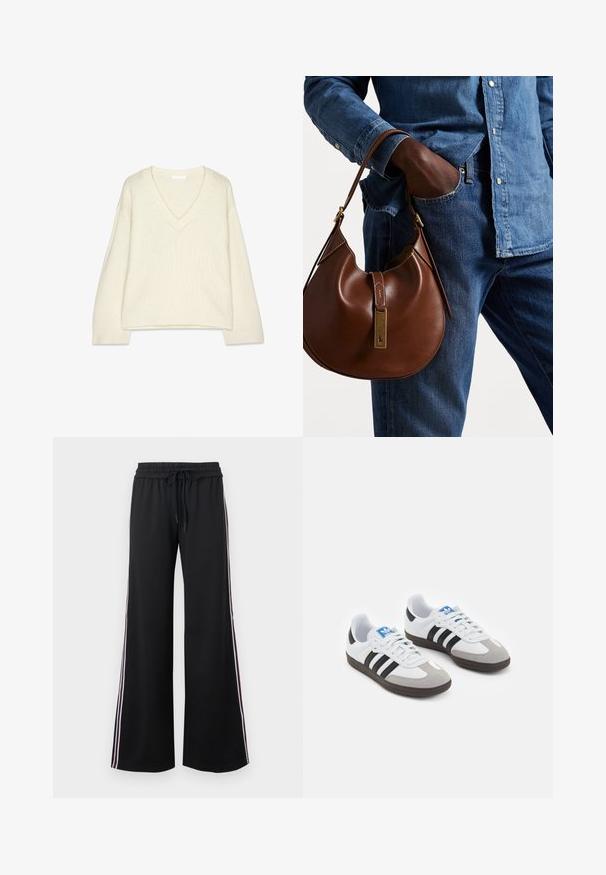 Sveter s výstrihom do V a dlhými rukávmi v krémovej pletenine, s rebrovanými manžetami a spodným lemom, v uvoľnenom, mierne skrátenom strihu.; Biela košeľa s dlhými rukávmi a klasickým golierom, vyrobená z ľahkej látky, so zapínaním na gombíky a mierne voľným strihom.; Čierne široké nohavice vyrobené z mäkkej tkaniny s elastickým pásom a šnúrkou. Obsahujú biele a bordové bočné pruhy pre kontrast.; Športové topánky s bielym koženým zvrškom, šedou semišovou špičkou a tromi čiernymi pruhmi. Obsahujú modré logo na jazyku a štruktúrovanú gumovú podrážku.; Hnedá kožená hobo taška s okrúhlym tvarom, so zlatými kovovými akcentmi a kontrastným prešívaním. V kombinácii s džínsovou košeľou a džínsami.