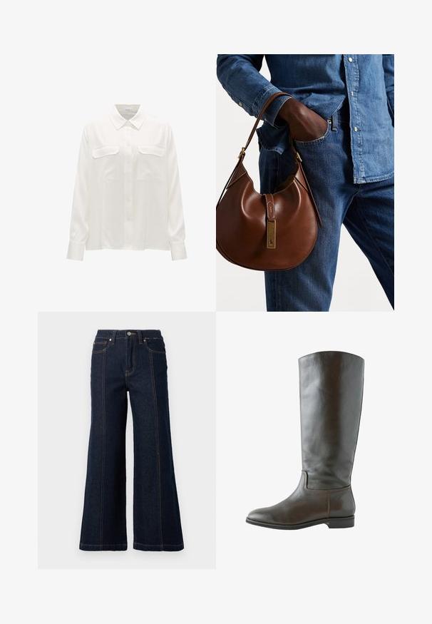 Crème gebreide trui met V-hals en lange mouwen, met geribde manchetten en onderrand, en een relaxte, iets kortere pasvorm.; Wit overhemd met lange mouwen, gemaakt van een gladde stof, met een klassieke kraag, een sluiting met knopen aan de voorkant en twee borstzakken met flapaccenten.; Wijd-uitlopende jeans in donker denim. Heeft een hoge taille, twee voorzakken en contrasterende oranje stiksels langs de naden.; Bruine leren kniehoge laars met een gladde textuur, ronde neus en minimale stikdetails. De zool is plat met een lage hak.; Bruine leren hobo tas met een rondvorm, voorzien van een gouden hardwareaccent en contrasterende stiksels. Gecombineerd met een denim shirt en jeans.