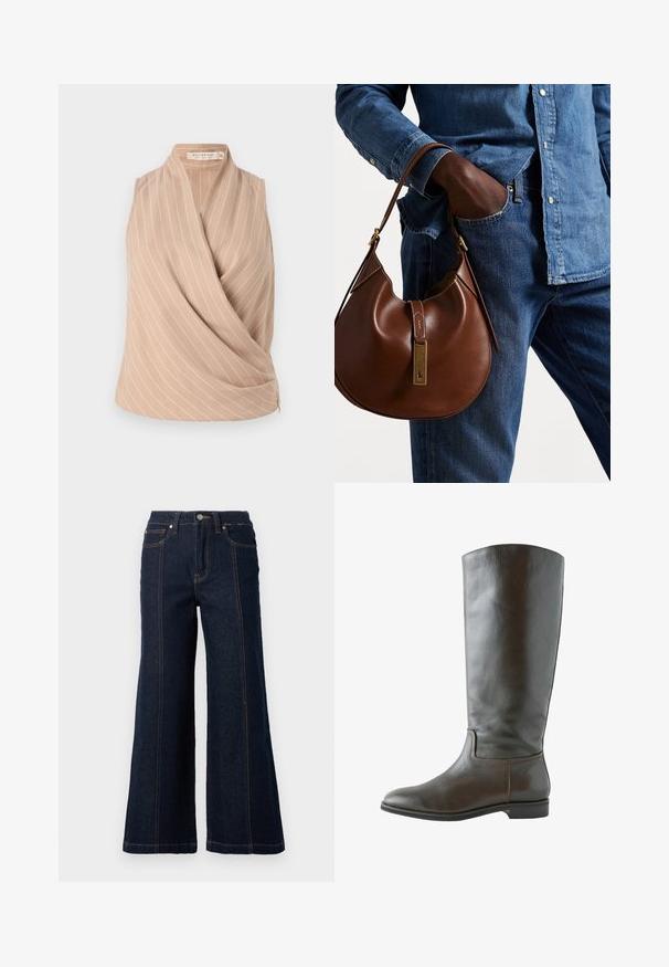 Izgriezta V oblikā, garām piedurknēm adīta džemperis krēmkrāsā, ar ribinātiem piedurkņu galiem un apakšmalu, brīvā, nedaudz īsajā piegriezumā.; Bežs bez piedurkm topiņš ar apņemšanas dizainu, kas rotāts ar baltām vertikālām svītrām. Izgatavots no viegla auduma ar gludu tekstūru.; Platas kājas džinsi tumši denima. Ar augstu jostasvietu, divām priekšējām kabatām un kontrastējošām oranžām diega šuvēm.; Brūni ādas ceļgalu zābaki ar gludu faktūru, noapaļotu purngalu un minimālas šuvju detaļas. Zole ir plakana ar zemu papēdi.; Brūna ādas hobo soma ar noapaļotu formu, ar zelta aparatūras akcentu un kontrastējošiem diegiem. Apvienota ar džinsa kreklu un džinsiem.