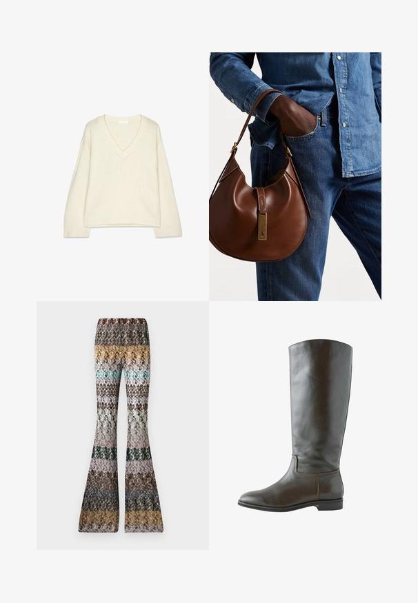 V-hals, langærmet sweater i cremet strik, med ribbede manchetter og nederste kant, i en afslappet, let cropped pasform.; Strikkede brede bukser med flerfarvede vandrette striber i jordfarver, herunder sennep, teal, brun, sort, pink og grå.; Brun læder knæhøj støvle med en glat overflade, rund tå og minimal syning. Sålen er flad med en lav hæl.; Brun læder hobo taske med en afrundet form, der har et guldhardware-element og kontraststing. Sammen med en denimskjorte og jeans.; Et par uregelmæssige ovalformede øreringe i guldtonet metal med en tekstureret, let hamret overflade på en hvid baggrund.