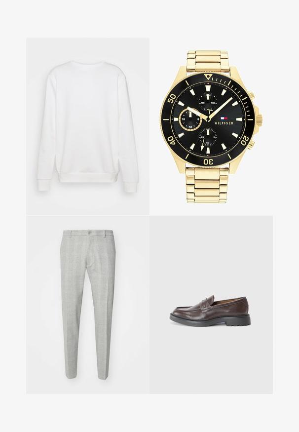 Weißes Rundhalsausschnitt-Sweatshirt mit langen Ärmeln, gerippten Bündchen und Saum. Glatte Textur, schlichtes Design, keine sichtbaren Logos oder Muster.; Grau kariierte Hose mit maßgeschneiderter Passform, mit flachem Frontdesign, einem einzelnen Knopfverschluss und Gürtelschlaufen. Aus einem glatten Stoff gefertigt.; Braune Lederloafers mit glatter Oberfläche, runder Zehenpartie, minimaler Naht und dicker schwarzer Gummisohle. Kein sichtbares Zubehör oder Akzente.; Goldfarbene Metalluhr mit schwarzem Ziffernblatt, leuchtenden Markierungen und drei Unterzifferblättern. Sie verfügt über ein strukturiertes Armband und das "HILFIGER"-Logo in der Mitte.; Goldene Kreuzohrringe mit glatter Oberfläche und hängender Schlaufe, die ein einfaches, längliches Design aufweisen. Jedes Kreuz hat eine einheitliche Größe.