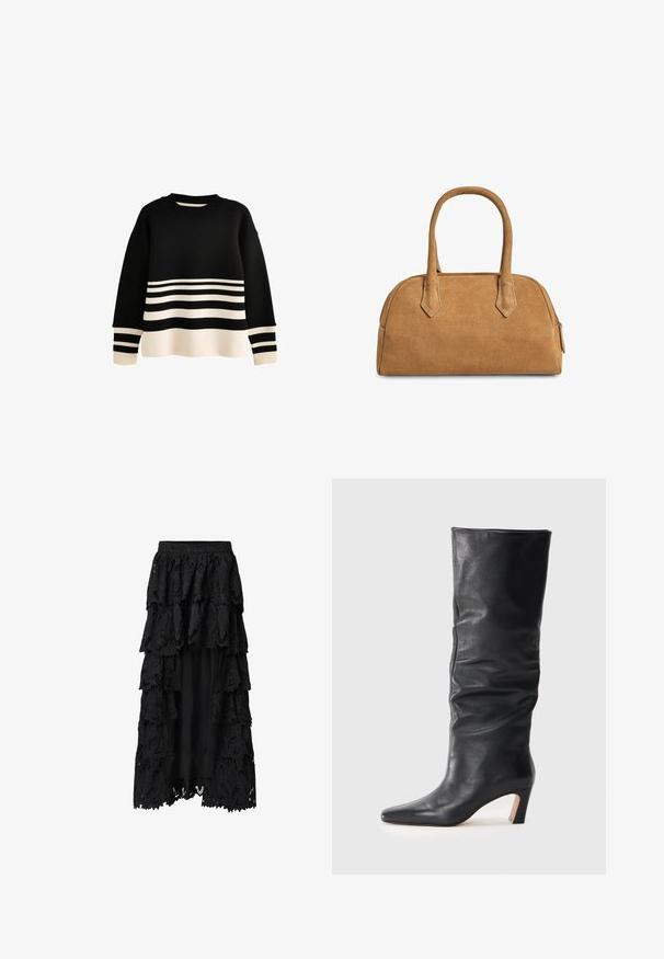 Melnā džempera ar horizontālām krēma un melnām svītrām ap malu un piedurknēm. Ribotas kakla un piedurkņu malas ar brīvu piegriezumu.; Melna līdaka svārki, kas izgatavoti no mežģīnēm un auduma, ar vairākiem volāniem, sarežģītām ziedu rakstām un oderētu iekšējo slāni, lai nodrošinātu pārklājumu.; Melnas ādas vidukļa augstuma zābaki ar nelielu krāpšanu un norakstu purngalu uz gaiša fona.; Kādas krāsas zamšas rokassoma ar strukturētu formu, kurai ir divi rokturi, trīsstūra izgriezumi un rāvējslēdzējs augšā, lai aizvērtu.