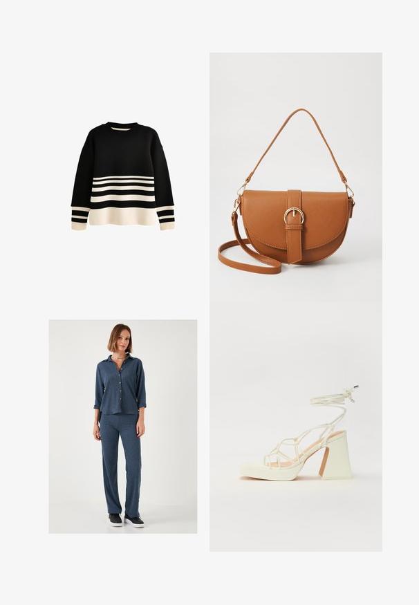 Melnā džempera ar horizontālām krēma un melnām svītrām ap malu un piedurknēm. Ribotas kakla un piedurkņu malas ar brīvu piegriezumu.; Divdaļīgs apģērbs, kas ietver teksturētu, tumši zilu krekla uz pogām ar sarullētām piedurknēm un saskaņojošas pieguļošas bikses. Izskatu papildina melni sporta apavi.; Baltas augstpapēžu sandales ar masīvu papēdi, ar siksnu dizainu un potītes saistītiem elementiem. Gluda tekstūra ar platformu priekšpusē, lai nodrošinātu papildu augstumu.; Brūns ādas plecu soma ar izliekta formu, zelta piederumiem un sprādzes akcentu. Iesaiņota ar noņemamu plecu siksnu.