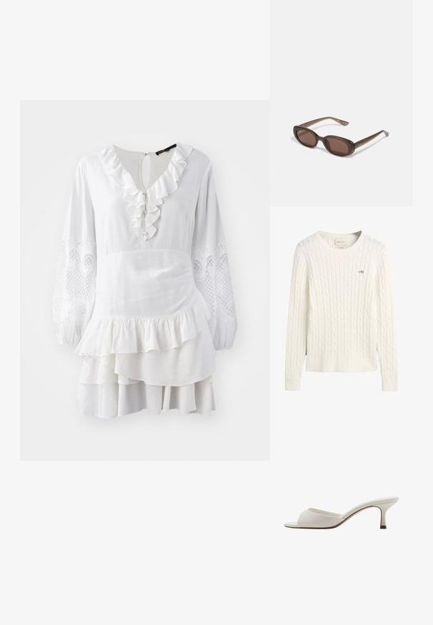 Witte kabelgebreide sweater met lange mouwen, geribde ronde hals en onderrand, met een klein geborduurd logo op de borst.; Witte jurk met gerimpelde rand, lange ballonmouwen met geborduurde accenten en gelaagde zoom. Gemaakt van lichte stof.; Witte open-toed hoge hakken met een gladde afwerking, minimalistisch ontwerp en een slanke hak, met een subtiele bruine accent op de zool.; Brown ovalen zonnebrillen met donkere lenzen. Het montuur is gemaakt van doorzichtig bruin materiaal en heeft een logo dat op de slapen is gedrukt.; Groeneleren handtas met een gladde textuur, gebogen vorm en gevlochten handvat. Beschikt over een ritsluiting en een verstelbare schouderband.