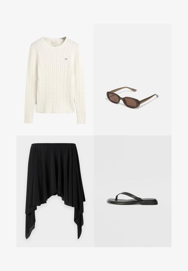 Biely sveter s pleteným vzorom, dlhými rukávmi, rebrovaným okrúhlym golierom a spodným lemom, s malým vyšívaným logom na hrudi.; Čierna asymetrická sukňa vyrobená z mäkkej látky, s drapériami a širokým pásom, vytvárajúca plynulý siluet.; Čierne šľapky vyrobené z hladkej kože, s tenkým pásikom a plochou podrážkou s minimalistickým profilom. Bez výrazných vzorov alebo akcentov.; Hnedé oválne slnečné okuliare s tmavými sklami. Rám je vyrobený z priesvitného hnedého materiálu a na spánkoch má vytlačené logo.