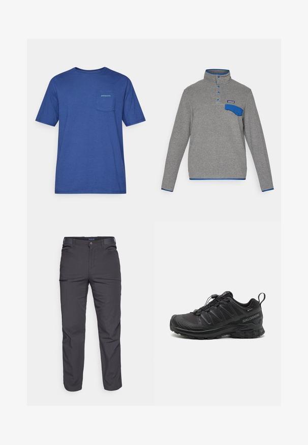 Šedý fleecový pulovr s modrými druky, límec s modrým lemováním, kapsa s klopou na prsou a logo Patagonia nad kapsou.; Krátký rukáv modré bavlněné tričko s náprsní kapsou a zeleným logem Patagonia. Jednoduchý kulatý výstřih a volný střih.; Tmavě šedé kalhoty vyrobené z odolné tkaniny, s kapsou na zip, rovný střih a s poutky na opasek pro nastavitelné nošení.; Černá sportovní bota s texturovaným syntetickým svrškem, polstrovanou podrážkou a rychlouzavíracím systémem. Obsahuje zesílenou špičku a patu.