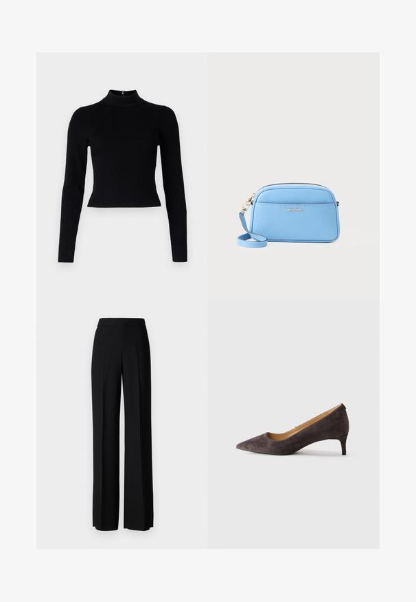 Black ribbed turtleneck sweater with long sleeves and a fitted silhouette, featuring a smooth texture and a back zipper detail.; Black wide-leg trousers with a smooth texture, featuring a high waistband and center pleats. No visible patterns or hardware details.; Dark brown suede pointed-toe low heel pump with a slim heel and smooth tan interior lining, shown in profile on a neutral background.; Light blue leather crossbody bag with gold-tone hardware, zip closure, and a front pocket. Features an adjustable strap for convenience.