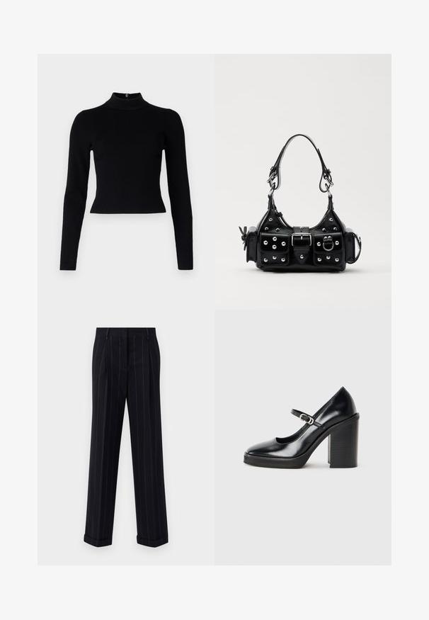 Zwarte geribbelde coltrui met lange mouwen en een getailleerde pasvorm, met een gladde textuur en een ritssluiting aan de achterkant.; Zwarte broek met streepjes in een getailleerde pasvorm, voorzien van een omgeslagen zoom en voorplooien. Gemaakt van een gladde stof met een gestructureerd ontwerp.; Zwarte lakleren hoge hak schoen met een ronde neus, enkelband, zilveren gesp detail en een stevige blokhak.; Zwarte lederen handtas met een gebogen ontwerp, voorzien van zilveren studs, een gesp en twee zijvakken. Verstelbare schouderband voor verschillende draagmogelijkheden.