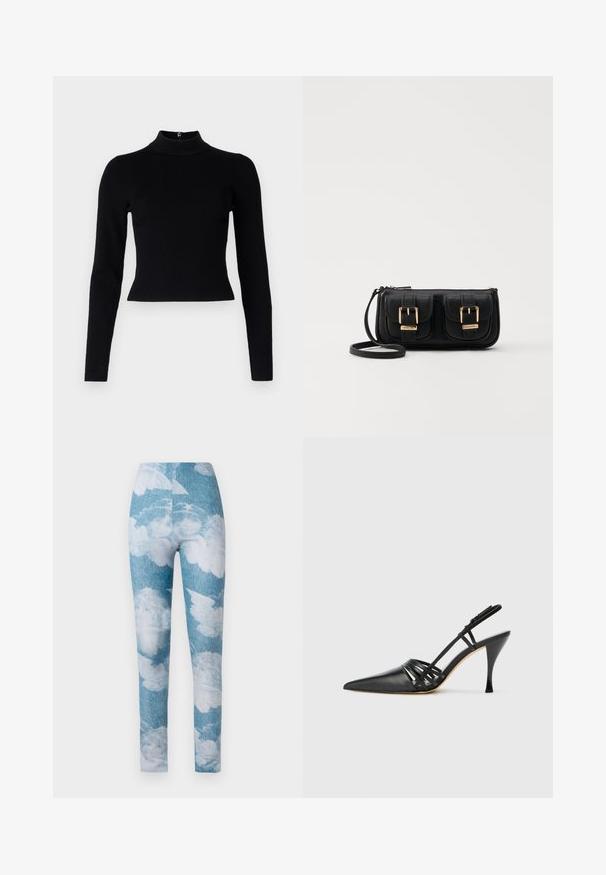 Mustmustöödaga must ribakudum, millel on pikad varrukad ja liibuv siluett, sujuva tekstuuriga ning seljaosa tõmblukuga detail.; Leggingid, millel on sinine teksakangas valgete pilvemustritega. Kangas näeb välja veniv ja sobib keha järgi, ulatudes pahkluuni.; Must musta kõrgtehnoloogiline suss, terava ninaga, ristcross rihmade disainiga ja õhukese stilettokontsaga. Sile tekstuur ja minimaalne kaunistus.; Must küllastamata nahast õlakott, millel on kaks esist nähtavat taskut, kuldsed pandlad, tõmblukuga sulgemine ja peen rihm. Tekstuuriga pind ja kompaktne ristkülikukujuline kuju.