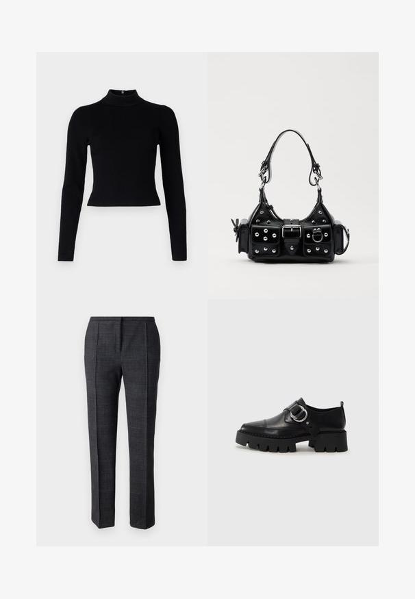 Čierny rebrovaný rolák s dlhými rukávmi a priliehavým strihom, ktorý má hladkú textúru a detail so zipsom na chrbte.; Tmavosivé nohavice na mieru vyrobené z textúrovanej látky, s postrannými záhybmi, rovnými nohami a čistým pásom bez viditeľných uzáverov.; Čierne kožené topánky s hrubou, rebrovanou podrážkou, vyznačujúce sa okrúhlou striebornou kovovou ozdobou a minimálnym prešívaním.; Čierna kožená kabelka s zakriveným dizajnom, doplnená striebornými cvočkami, prackou a dvoma bočnými vreckami. Nastaviteľný popruh poskytuje rôzne možnosti nosenia.