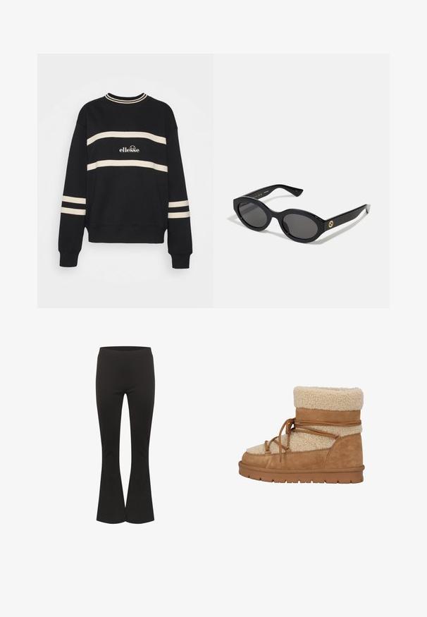 Felpa nera con due strisce orizzontali color crema, colletto a coste e logo al centro. I polsini presentano dettagli simili con le strisce.; Pantaloni neri a zampa d'elefante con vita aderente e tessuto liscio, mostrati in posizione eretta su uno sfondo bianco.; Stivale alla caviglia in suede marrone con fodera in shearling crema, caratterizzato da un design con lacci e una suola in gomma testurizzata per aderenza e durata.; Occhiali da sole neri a forma ovale con lenti scure e montatura in plastica lucida. Presentano un logo dorato sulla stanghetta, offrendo un design elegante e moderno.