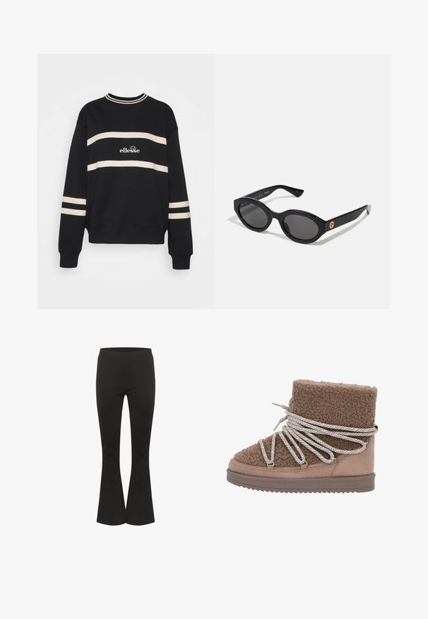 Svart sweatshirt med två horisontella krämfärgade ränder, ribbad halsringning och logotyp i mitten. Ärmavsluten har liknande randdetalj.; Svarta utsvängda byxor med en tajt midja och slät tyg, visade stående mot en vit bakgrund.; Brun fårskinnsankelkänga med en texturerad ovandel och kontrasterande slät mockapanel. Har breda, mönstrade snören och en platt sula.; Svarta ovala solglasögon med mörka linser och blank plastbåge. Utrustade med en gyllene logotyp på bågen, vilket ger en snygg och modern design.