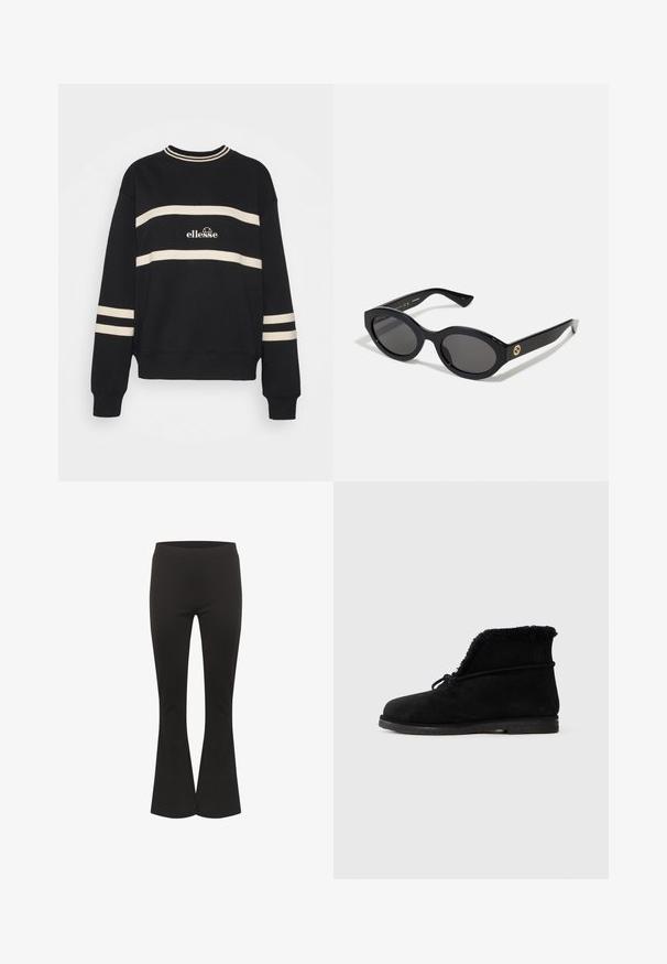 Czarny sweatshirt z dwoma poziomymi kremowymi paskami, z prążkowanym dekoltem i logo na środku. Rękawy mają podobny detal w paski.; Czarne spódnie w kształcie dzwonów z dopasowanym stanem i gładkim materiałem, pokazane w pozycji pionowej na białym tle.; Czarne zamszowe botki za kostkę z futrzanym wykończeniem widocznym na otworze oraz przewiązanym sznurkiem wokół górnej części.; Czarne okulary przeciwsłoneczne w owalnym kształcie z ciemnymi szkłami i błyszczącą plastikową oprawką. Posiadają złote logo na zausznniku, co nadaje im elegancki i nowoczesny wygląd.