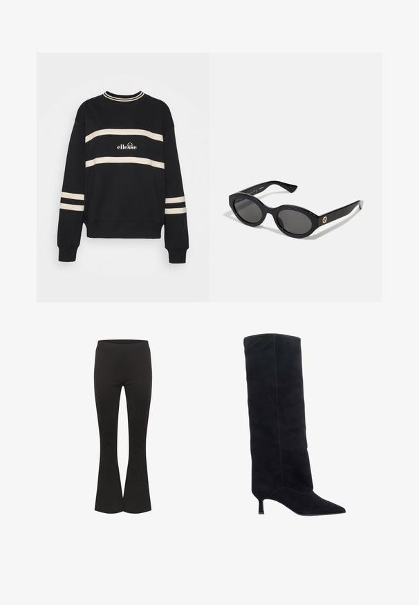 Crni dukserica s dvije horizontalne krem pruge, rebrastim izrezom i logotipom u središtu. Manšete također imaju slične pruge.; Crne hlače s flared krojem, uskog struka i glatke tkanine, prikazane uspravno na bijeloj pozadini.; Crne antilop čizme do koljena s izduženim vrhom i tankom petom. Šavovi dodaju teksturu; glatka obrada naglašava elegantan dizajn.; Crne ovalne sunčane naočale s tamnim staklima i sjajnim plastičnim okvirom. Sadrže zlatni logotip na sljepoočnici, što pruža elegantan i moderni dizajn.