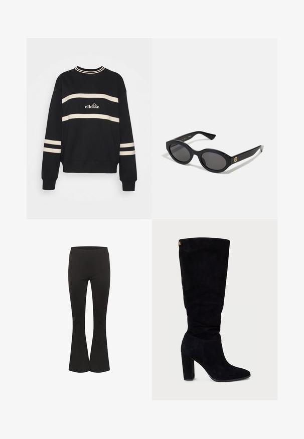 Čierna mikina s dvoma vodorovnými krémovými pruhmi, rebrovaným výstrihom a logom v strede. Rukávy majú podobný pruhový detail.; Čierne rozšírené nohavice so priliehavým pásom a hladkým materiálom, zobrazené vo vzpriamenej polohe na bielom pozadí.; Čierne semišové čižmy po kolená s masívnym podpätkom, špicatou špičkou a zcisťujúcou textúrou na vrchu. Obsahuje zlatý akcent na boku.; Čierne oválne slnečné okuliare s tmavými sklami a lesklým plastovým rámom. Obsahujú zlaté logo na stráne, čo im dáva elegantný a moderný dizajn.