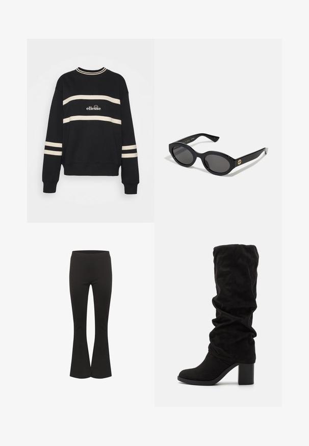 Schwarzer Pullover mit zwei horizontalen cremefarbenen Streifen, geripptem Kragen und Logo in der Mitte. Die Ärmelbündchen haben ähnliche Streifenverzierungen.; Schwarze Schlaghosen mit einem taillierten Bund und glattem Stoff, aufrecht vor einem weißen Hintergrund präsentiert.; Anna Field Stiefel - black; Schwarze ovale Sonnenbrille mit dunklen Gläsern und glänzendem Kunststoffrahmen. Mit goldenem Logo am Bügel, das ein elegantes und modernes Design bietet.