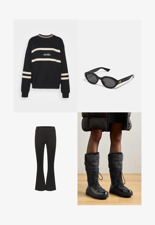 Schwarzer Pullover mit zwei horizontalen cremefarbenen Streifen, geripptem Kragen und Logo in der Mitte. Die Ärmelbündchen haben ähnliche Streifenverzierungen.; Schwarze Schlaghosen mit einem taillierten Bund und glattem Stoff, aufrecht vor einem weißen Hintergrund präsentiert.; Knöchelhohe schwarze Pufferstiefel mit Kunstfellbesatz, glänzendem wasserfestem Obermaterial, strukturiertem Sohlenprofil und verstellbaren Schnürdetails.; Schwarze ovale Sonnenbrille mit dunklen Gläsern und glänzendem Kunststoffrahmen. Mit goldenem Logo am Bügel, das ein elegantes und modernes Design bietet.