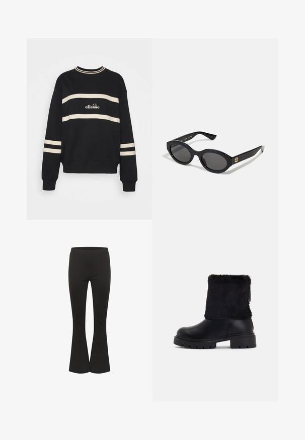 Melna pelēka krekla, kas rotāta ar divām horizontālām krēmkrāsas svītrām, ribota apkakle un centā izvietota logo. Piedurkņu malām ir līdzīga svītru detaļa.; Melnas izplūdušas bikses ar pieguļošu jostasvietu un gludu audumu, stāvot vertikāli uz baltā fona.; Melni potītes zābaki ar gludu ādas pamatni un teksturētu mākslīgās kažokādas apmali. Masīva, rievota gumijas zole, kas nodrošina labu saķeri.; Melnas ovālās saulesbrilles ar tumšiem stikliem un spīdīgu plastmasas rāmi. Iezīmētas ar zelta logo uz tempļa, nodrošinot elegantu un modernu dizainu.