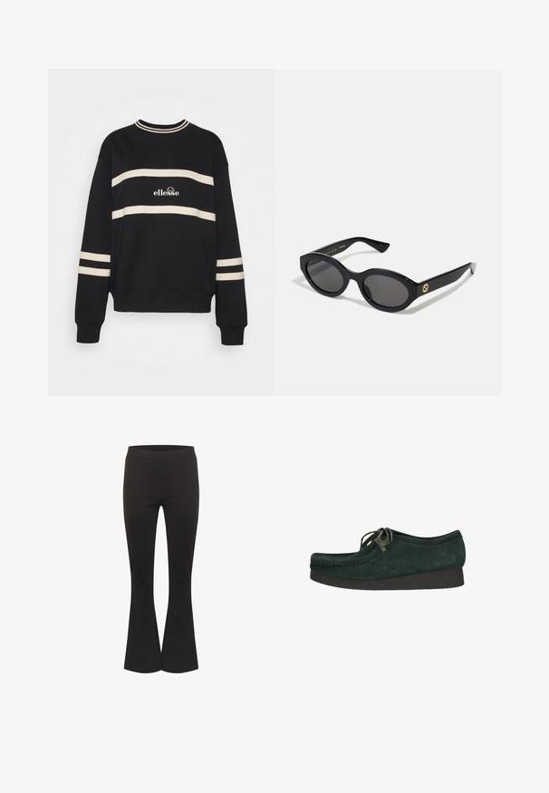 Mustat hupparit, joissa on kaksi vaakasuoraa kermaista raitaa, ribbaattu kaula-aukko ja logo keskellä. Hihansuissa on vastaavanlaista raitadetaalia.; Mustat levenevät housut, joissa on tiukka vyötärö ja sileä kangas, esitelty pystyssä valkoista taustaa vasten.; Vihreä mokkanahkakenkä, jossa on pyöreä kärki ja nauhakiinnitys. Mukana on teksturoitu musta pohja ja hillitty tikkaus reunoissa.; Mustat soikeat aurinkolasit tummilla linsseillä ja kiiltävästä muovista valmistetulla kehällä. Varustettu kullanvärisellä logolla temppeleissä, tarjoten tyylikkään ja modernin muotoilun.