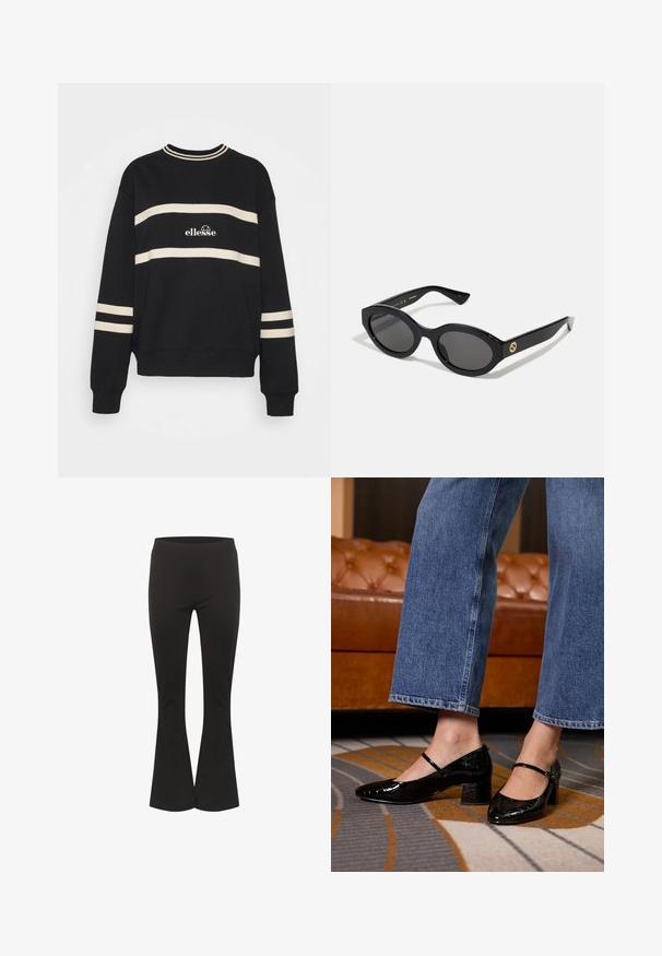 Schwarzer Pullover mit zwei horizontalen cremefarbenen Streifen, geripptem Kragen und Logo in der Mitte. Die Ärmelbündchen haben ähnliche Streifenverzierungen.; Schwarze Schlaghosen mit einem taillierten Bund und glattem Stoff, aufrecht vor einem weißen Hintergrund präsentiert.; Schwarze Lackleder-Pumps mit spitzem Zehenbereich, Blockabsatz und Knöchelriemen, getragen mit weit geschnittenen Jeans auf einem gemusterten Teppich.; Schwarze ovale Sonnenbrille mit dunklen Gläsern und glänzendem Kunststoffrahmen. Mit goldenem Logo am Bügel, das ein elegantes und modernes Design bietet.