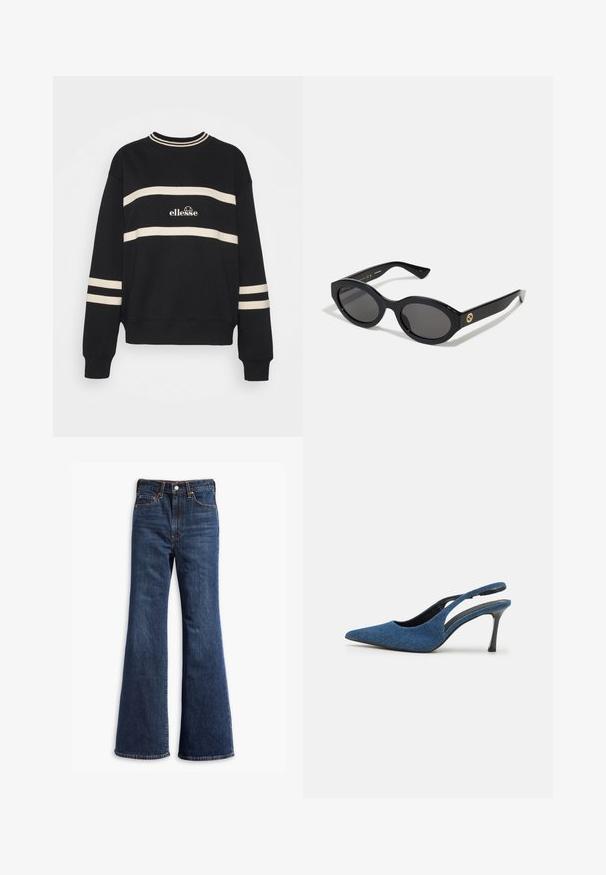 Sweatshirt preto com duas riscas cremes horizontais, decote canelado e logótipo ao centro. As punhos têm um detalhe de risca semelhante.; Jeans de ganga escura de cintura alta com pernas largas, fecho de botão e zipper na frente, e design de cinco bolsos.; Sandalias de salto de denim azul com ponta fina, apresentando um salto preto esbelto e um upper de tecido texturizado. Design com parte de trás aberta.; Óculos de sol ovais pretos com lentes escuras e armação de plástico brilhante. Apresenta um logotipo dourado na haste, oferecendo um design elegante e moderno.