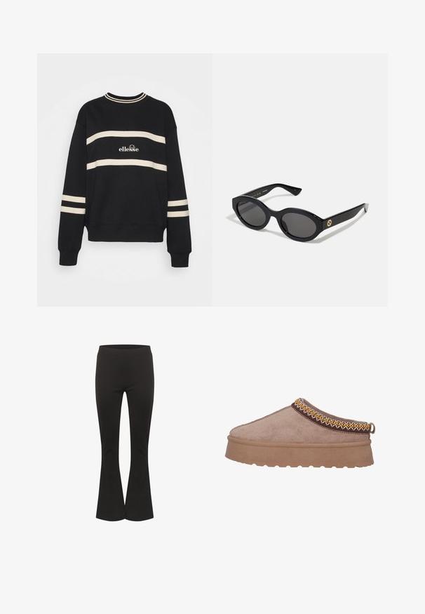 Schwarzer Pullover mit zwei horizontalen cremefarbenen Streifen, geripptem Kragen und Logo in der Mitte. Die Ärmelbündchen haben ähnliche Streifenverzierungen.; Schwarze Schlaghosen mit einem taillierten Bund und glattem Stoff, aufrecht vor einem weißen Hintergrund präsentiert.; Braune Wildlederschlupfschuhe mit einer dicken, strukturierten Sohle, die eine kunstvolle gelbe und braune Stickerei entlang des oberen Randes aufweisen.; Schwarze ovale Sonnenbrille mit dunklen Gläsern und glänzendem Kunststoffrahmen. Mit goldenem Logo am Bügel, das ein elegantes und modernes Design bietet.