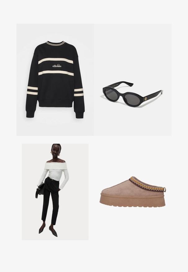 Svart sweatshirt med två horisontella krämfärgade ränder, ribbad halsringning och logotyp i mitten. Ärmavsluten har liknande randdetalj.; Vit off-shoulder topp i texturerad tyg, kombinerad med högmidjade svarta byxor och spetsiga svarta ballerina, håller en svart väska.; Bruna mockaskinn slip-on skor med en tjock, texturerad sula, som har intrikata gula och bruna broderier längs den övre kanten.; Svarta ovala solglasögon med mörka linser och blank plastbåge. Utrustade med en gyllene logotyp på bågen, vilket ger en snygg och modern design.