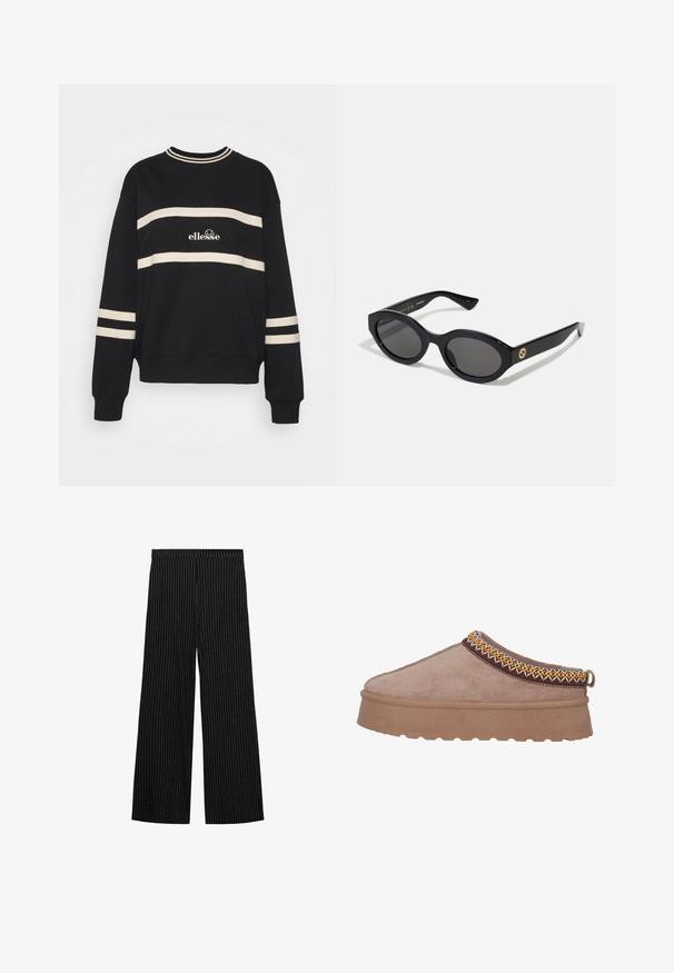 Schwarzer Pullover mit zwei horizontalen cremefarbenen Streifen, geripptem Kragen und Logo in der Mitte. Die Ärmelbündchen haben ähnliche Streifenverzierungen.; Schwarze weit geschnittene Hose mit einem vertikalen Nadelstreifenmuster. Elastischer Bund, leichtes Material und eine durchgehend glatte Textur.; Braune Wildlederschlupfschuhe mit einer dicken, strukturierten Sohle, die eine kunstvolle gelbe und braune Stickerei entlang des oberen Randes aufweisen.; Schwarze ovale Sonnenbrille mit dunklen Gläsern und glänzendem Kunststoffrahmen. Mit goldenem Logo am Bügel, das ein elegantes und modernes Design bietet.