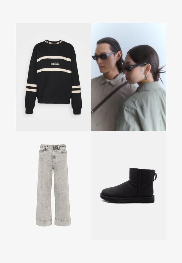 Black sweatshirt featuring two horizontal cream stripes, ribbed neckline, and logo at the center. Cuffs have similar stripe detail.; Wide-leg jeans in light gray denim, featuring a high waist, traditional five-pocket design, and slightly faded texture with contrast stitching.; Black suede ankle boot with a round toe, a shearling lining, and a flat rubber sole. Features a side seam and a pull tab at the back.; Black rectangular sunglasses with a glossy finish, featuring the Ray-Ban logo on the temples, worn by two individuals in muted outfits.