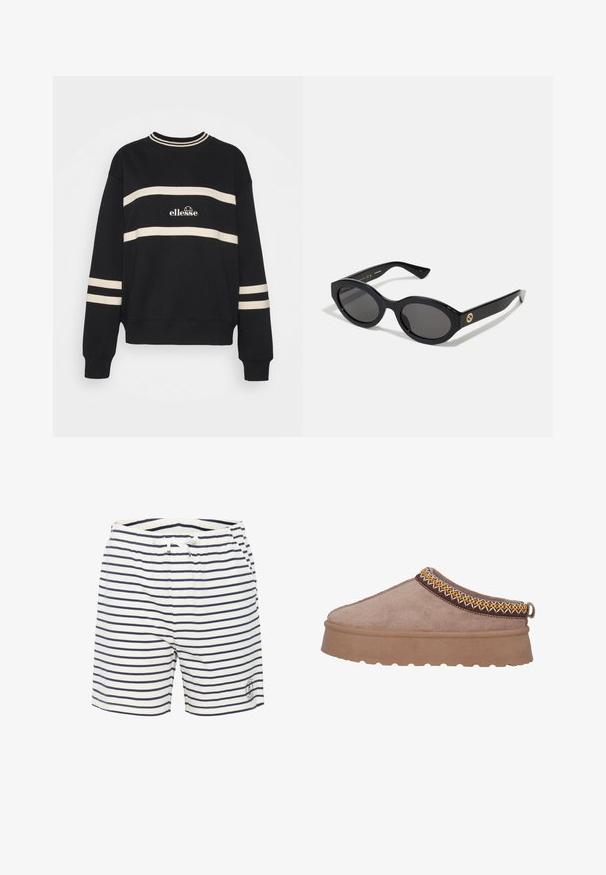 Felpa nera con due strisce orizzontali color crema, colletto a coste e logo al centro. I polsini presentano dettagli simili con le strisce.; Costumi da bagno a righe bianchi e blu navy, con vita elastica e cordino, e un piccolo logo sulla parte anteriore inferiore.; Scarpa slip-on in suede marrone con suola spessa e texture, caratterizzata da un intricato ricamo giallo e marrone lungo il bordo superiore.; Occhiali da sole neri a forma ovale con lenti scure e montatura in plastica lucida. Presentano un logo dorato sulla stanghetta, offrendo un design elegante e moderno.