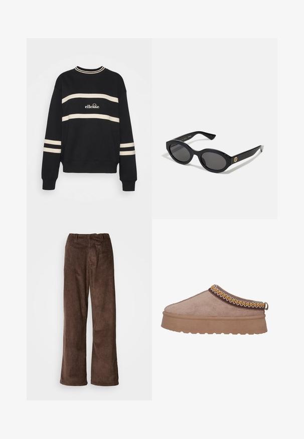 Zwarte sweatshirt met twee horizontale crèmekleurige strepen, geribbelde halslijn en logo in het midden. De mouwen hebben vergelijkbare streepdetails.; Bruine corduroy broek met een wijd beenontwerp, met verticale ribbels en een tailleband. De stof heeft een zachte, gestructureerde uitstraling.; Bruine suède instap schoen met een dikke, gestructureerde zool, die intrigerende gele en bruine borduursels langs de bovenrand vertoont.; Zwarte ovale zonnebril met donkere glazen en een glanzend kunststof frame. Heeft een gouden logo op de poot, dat een strakke en moderne uitstraling biedt.