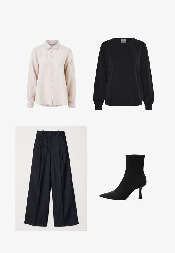 Czarna bluza z długimi rękawami, okrągłym dekoltem i ściągaczami. Posiada gładką teksturę i subtelny detal z logo z przodu.; Jasno beżowa lniana koszula z kołnierzykiem, długimi rękawami i zapięciem na guziki z przodu. Posiada subtelny wzór teksturowy.; Czarne spodnie o szerokich nogawkach, wykonane z gładkiego materiału, z wysokim stanem, zakładkami i dopasowanym krojem. Proste czarne elementy metalowe w talii.; Czarny botek sięgający kostki, wykonany z gładkiego materiału, z charakterystycznym spiczastym noskiem i smukłym obcasem w stylu szpilki, o jednolitej konstrukcji i bez widocznych elementów metalowych.