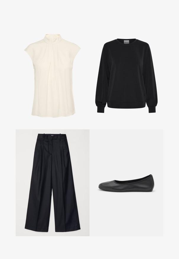 Melnā sporta jaka ar garām piedurknēm, apaļu kakla izgriezumu un ribotām aprocēm. Tam ir gluda tekstūra un smalks logo elements priekšpusē.; Bez piedurknēm izgatavota blūze krēmkrāsā ar augstu kakla izgriezumu, ar krokām gar priekšpusi, gludu tekstūru un brīvu piegriezumu.; Melnas platas kājas bikses no gludas auduma, ar augstu jostasvietu, krokām un pielāgotu dizainu. Vienkārša melna aparatūra jostasvietā.; Melna ādas baleta kurpe ar noapaļotu purngalu, gludu tekstūru, minimālu šuvju detalizāciju un elastīgu zoles dizainu.